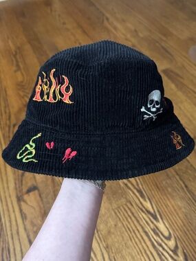 Urban Outfitters Black Corduroy Bucket Hat with Flame & Skull Embroidery